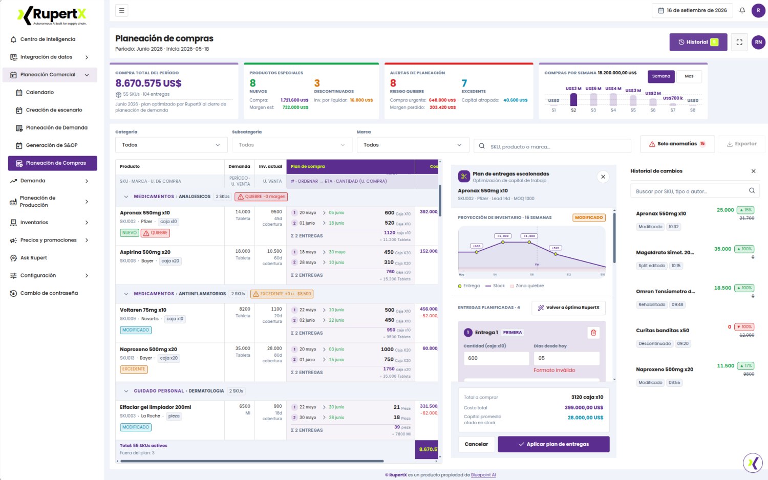Pantalla de plan de compras con órdenes sugeridas y semáforo de urgencia